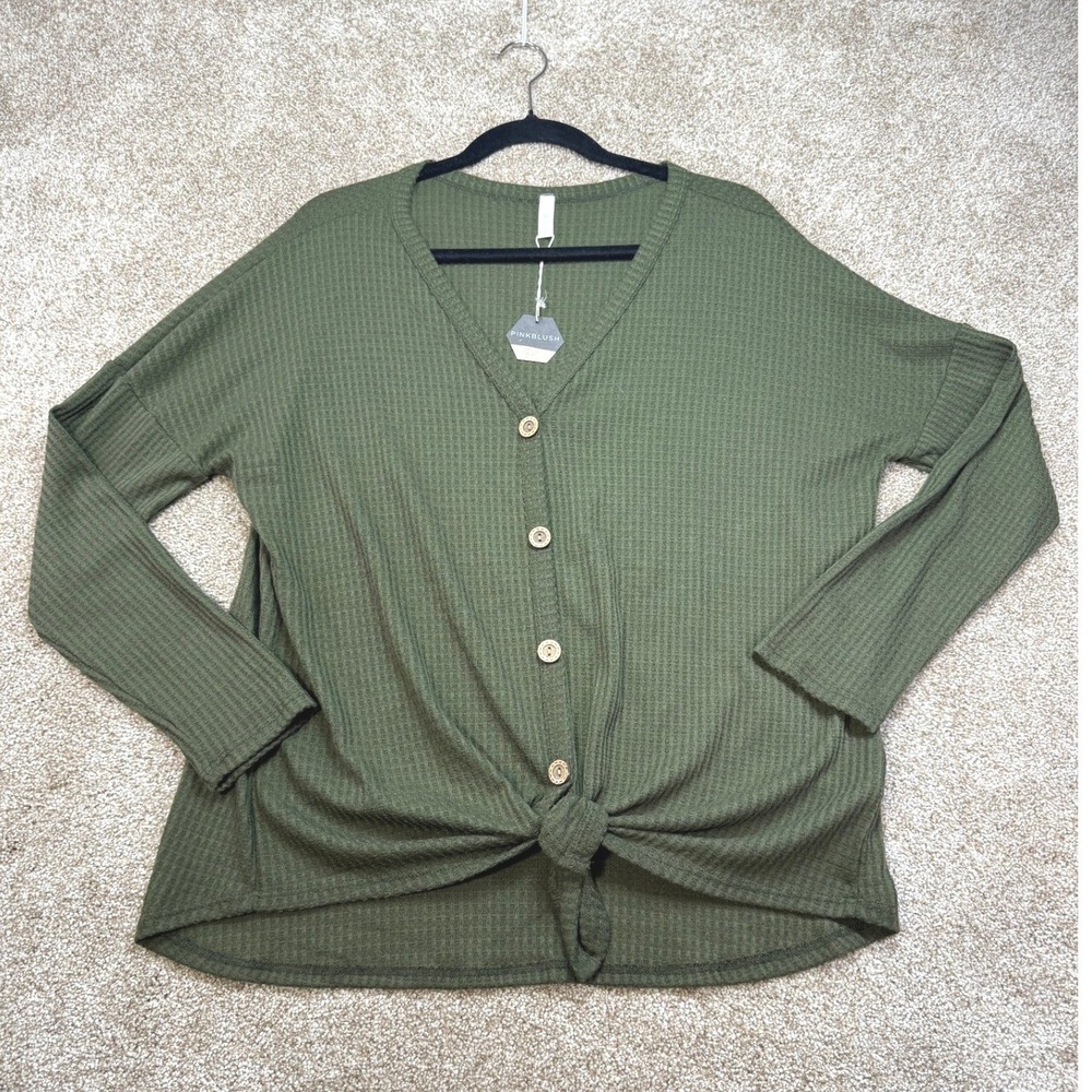 NEW PinkBlush Womens Olive Green Waffle Knit Front Tie Button Top Medium Earthy